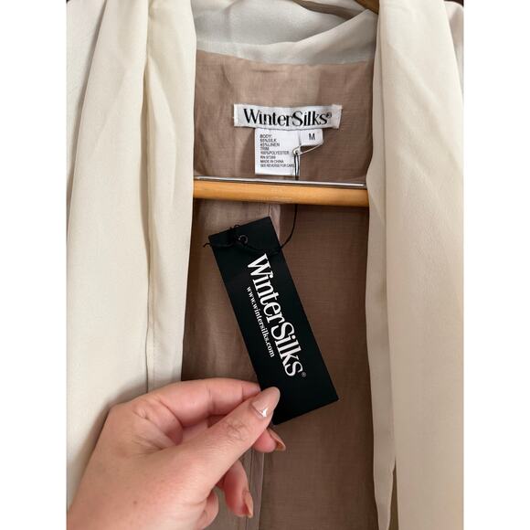 WINTERSILKS | Linen and Silk Tan and cream Drape Collar Overshirt Shacket Medium - Picture 5 of 9